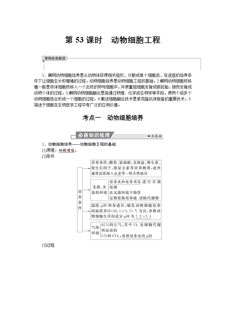 高三生物【一轮复习】讲义练习　第十单元　第53课时　动物细胞工程第1页