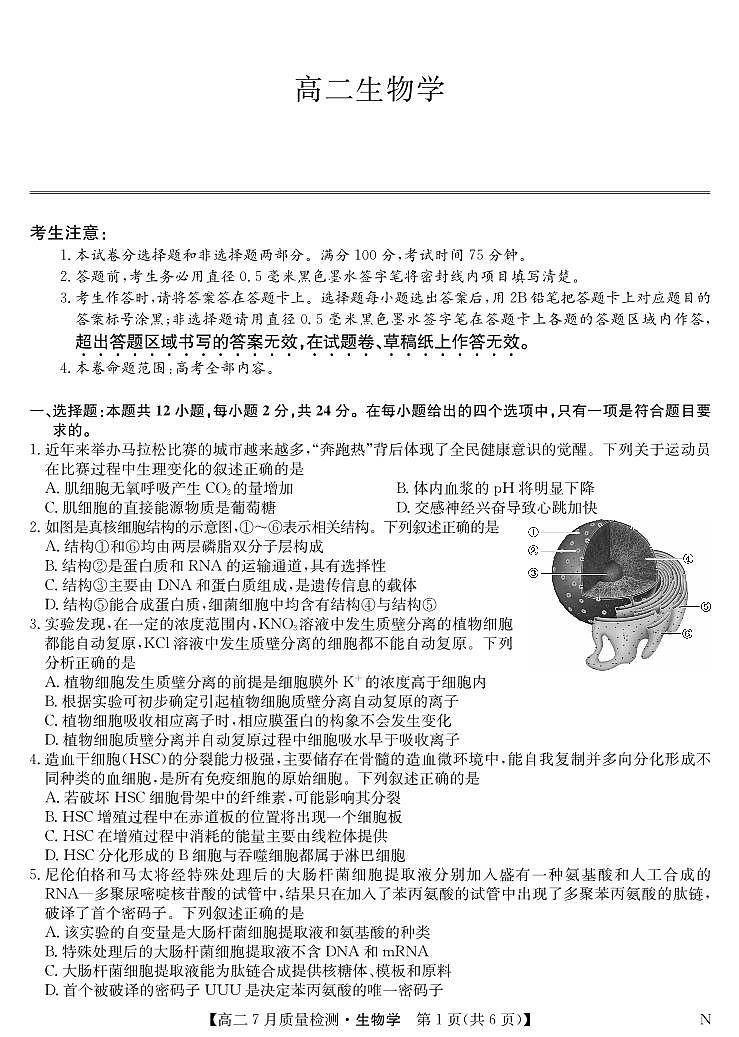 江西省九师联盟2025届高二下学期7月质量检测摸底考-生物试题+答案（N）第1页