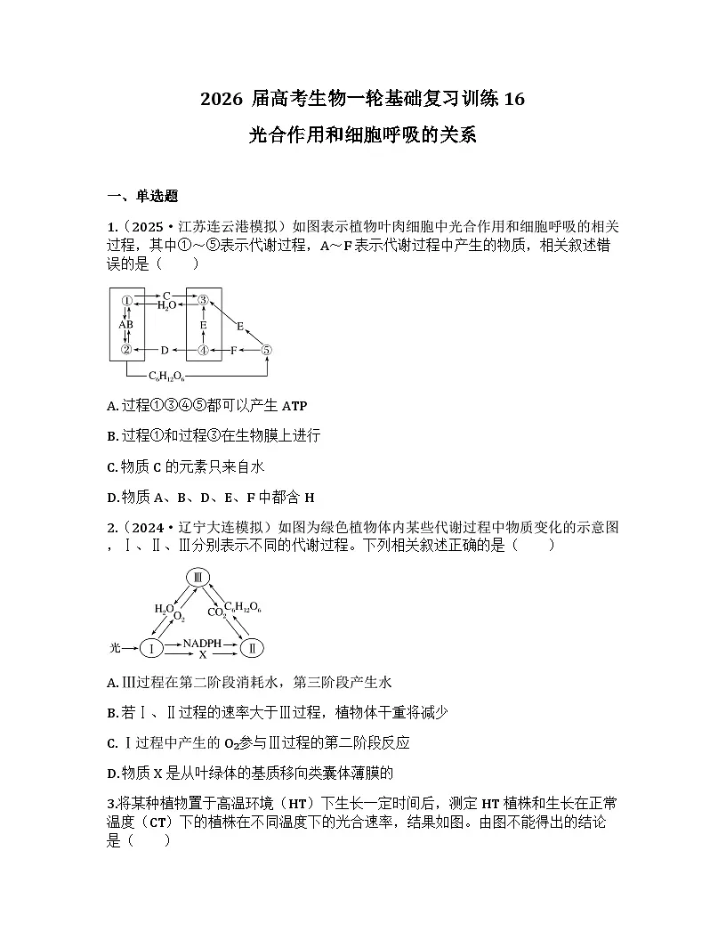 2026届高考生物一轮基础复习训练16 光合作用和细胞呼吸的关系第1页