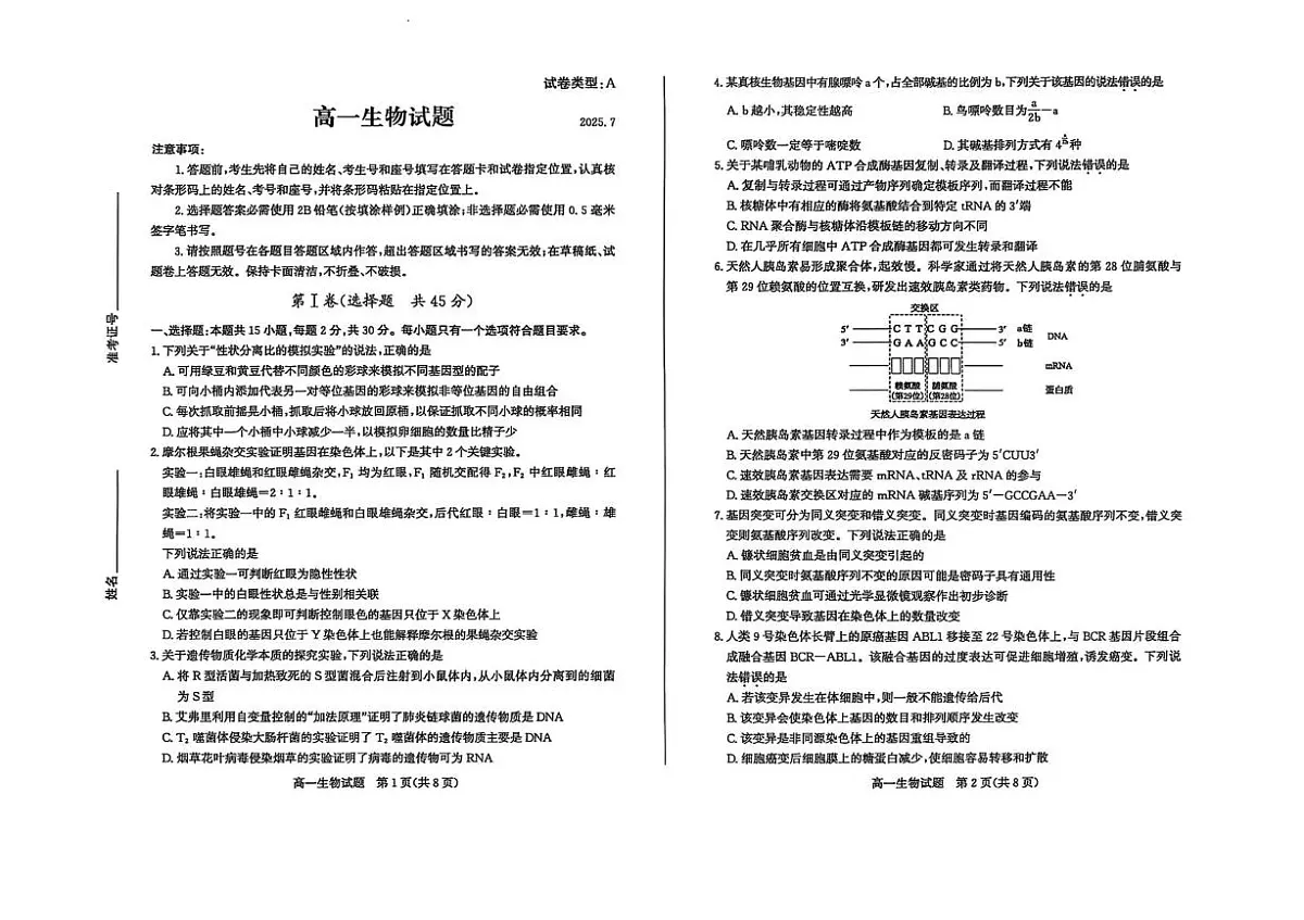 山东省滨州市2024-2025学年高一下学期期末考试生物试卷（PDF版附答案）第1页