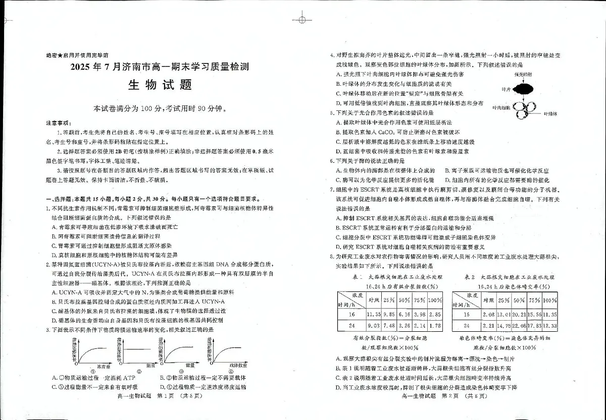 山东省济南市2024-2025学年高一下学期期末考试生物试卷（PDF版附答案）第1页