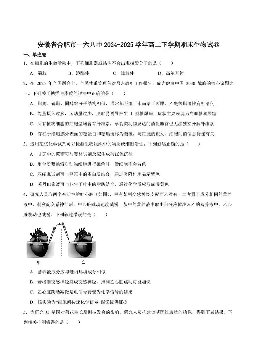 安徽省合肥市合肥一六八中学2025届新高二下学期7月期末考试-生物试题+答案第1页