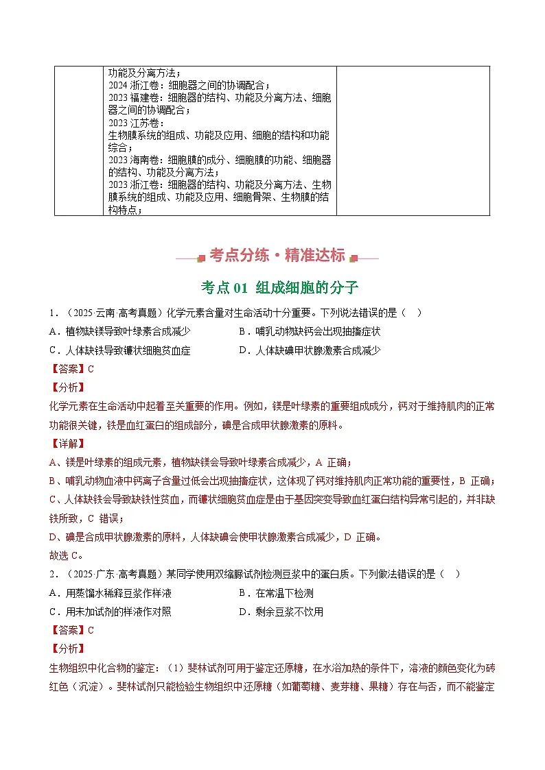 三年（2023-2025）高考生物真题分类汇编：专题01 细胞的结构与分子组成（全国通用）（解析版）第2页