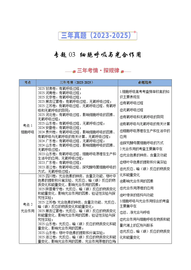 三年（2023-2025）高考生物真题分类汇编：专题03 细胞呼吸与光合作用（全国通用）（解析版）第1页
