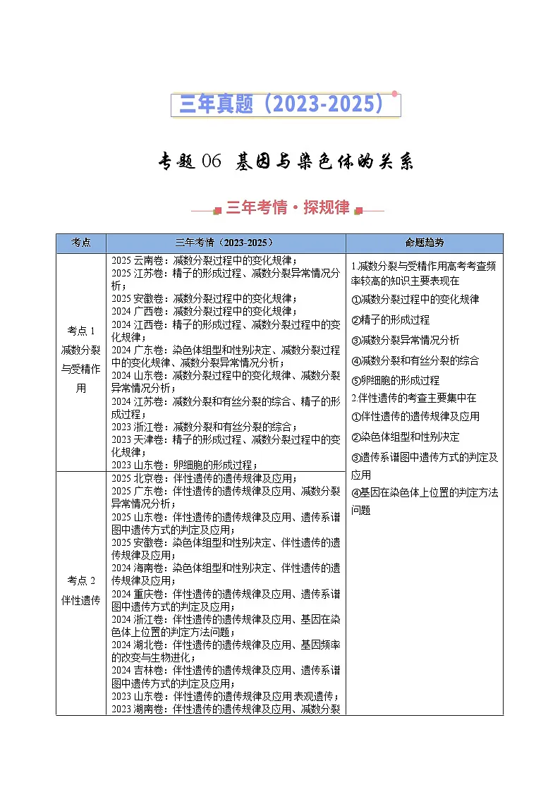 三年（2023-2025）高考生物真题分类汇编：专题06 基因与染色体的关系（全国通用）（解析版）第1页