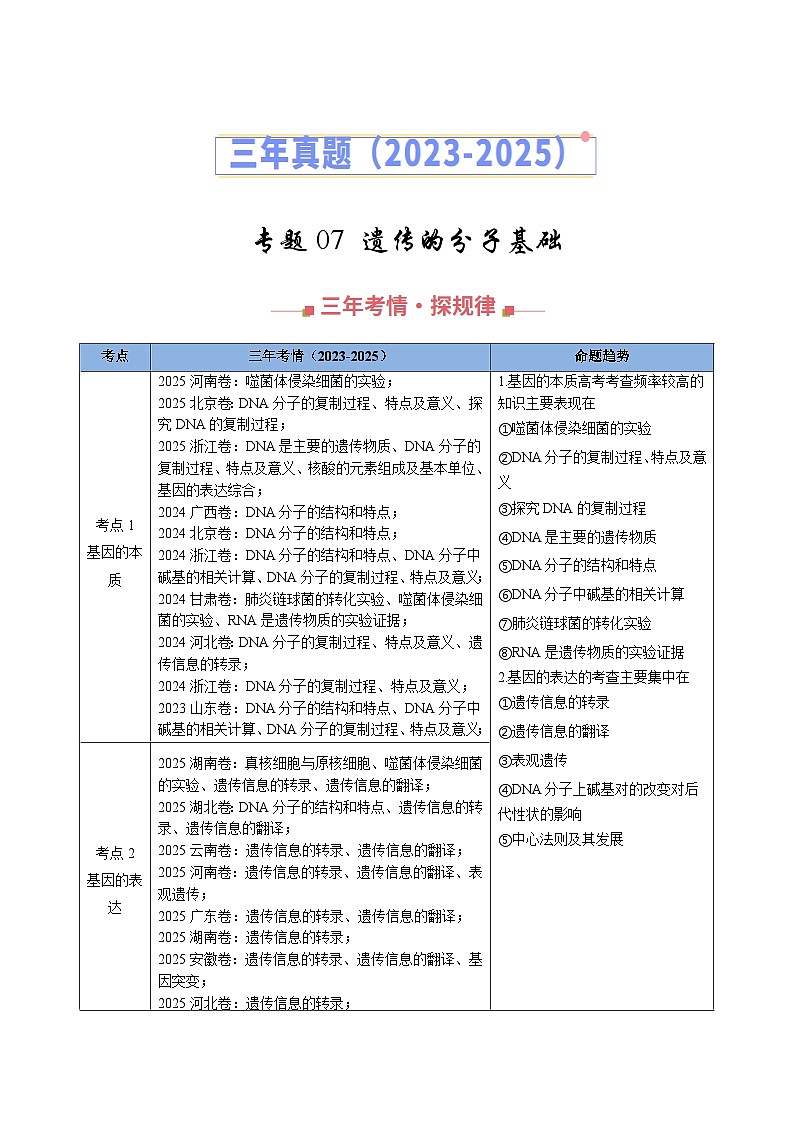 三年（2023-2025）高考生物真题分类汇编：专题07 遗传的分子基础（全国通用）（解析版）第1页