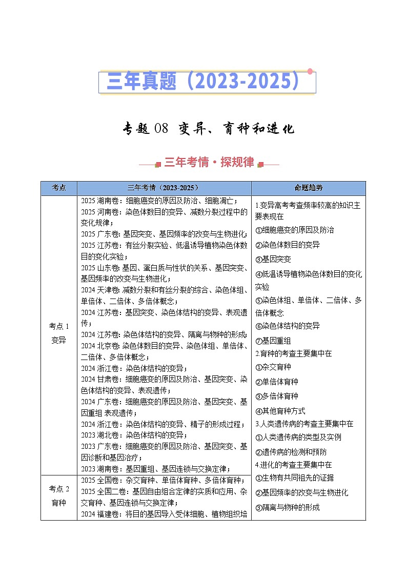 三年（2023-2025）高考生物真题分类汇编：专题08 变异、育种和进化（全国通用）（原卷版）第1页