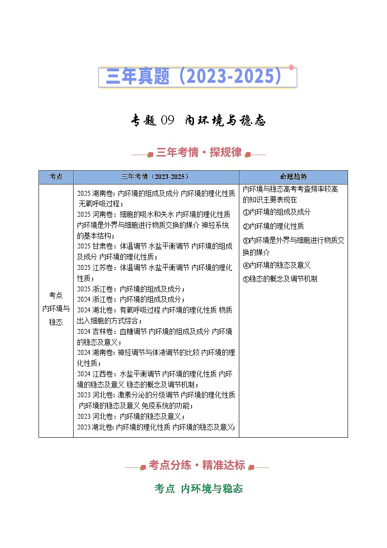 三年（2023-2025）高考生物真题分类汇编：专题09 内环境与稳态（全国通用）（原卷版）第1页