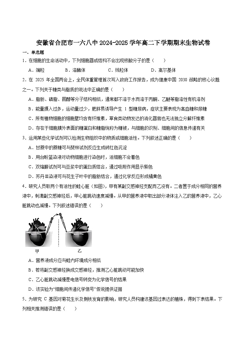 安徽省合肥市一六八中学2024-2025学年高二下学期期末考试生物试卷第1页