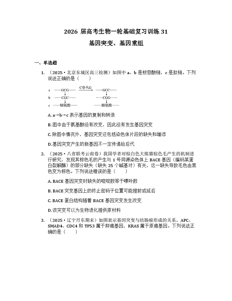 2026届高考生物一轮基础复习训练31 基因突变、基因重组第1页