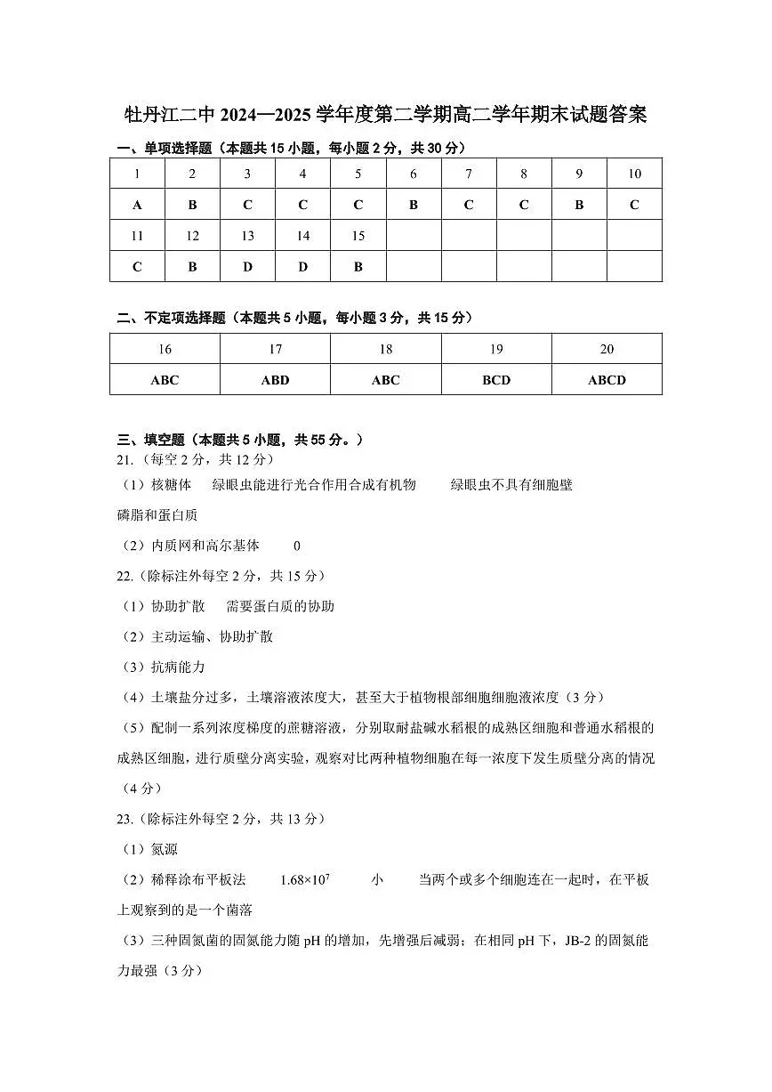 牡丹江二中2024一2025学年度第二学期高二学年期末 生物答案.pdf第1页
