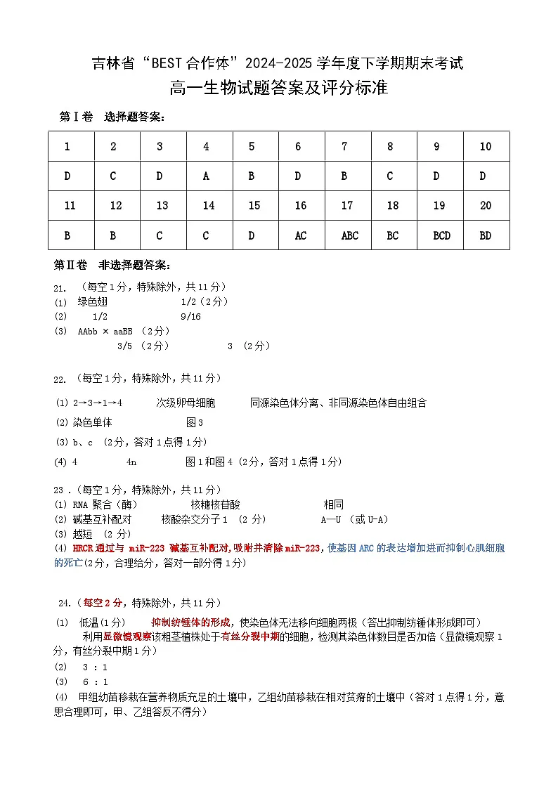 吉林省“BEST合作体”2024-2025学年高一下学期7月期末 生物答案.docx第1页