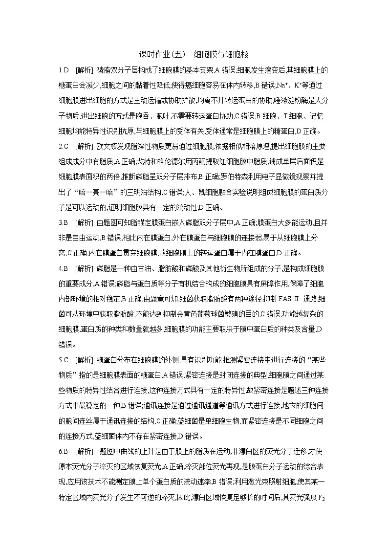 05 课时作业(五)　细胞膜与细胞核 【答案】【作业手册】第1页