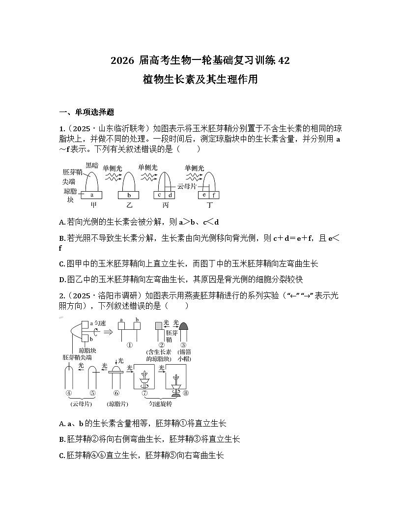 2026届高考生物一轮基础复习训练42 植物生长素及其生理作用第1页