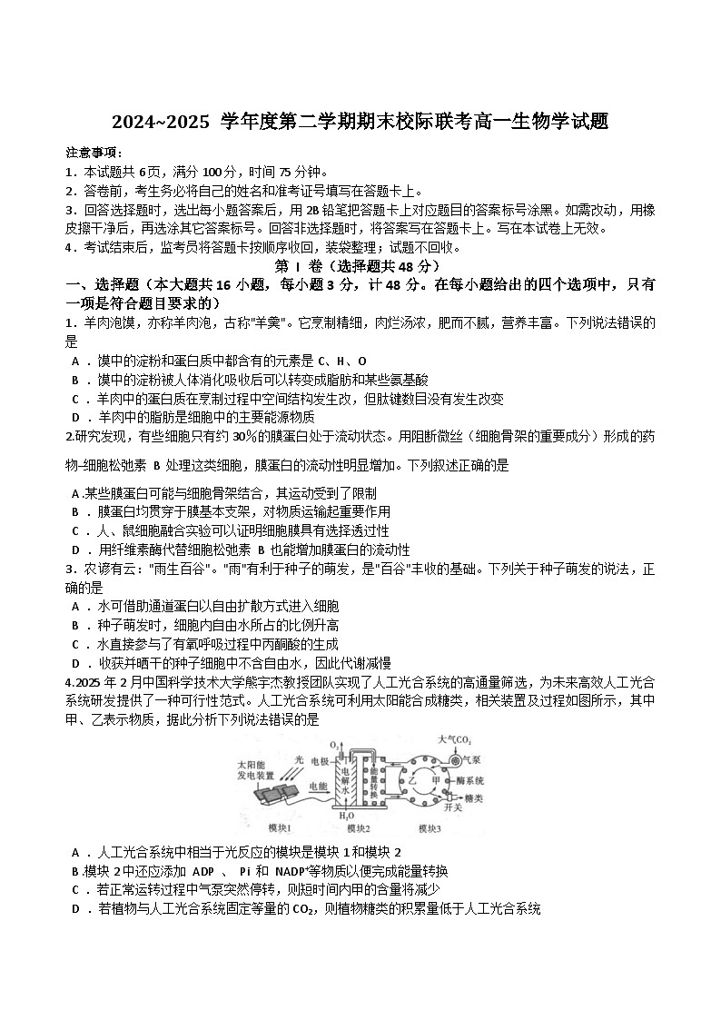 陕西省汉中市2024-2025学年高一下学期期末校际联考生物试卷第1页