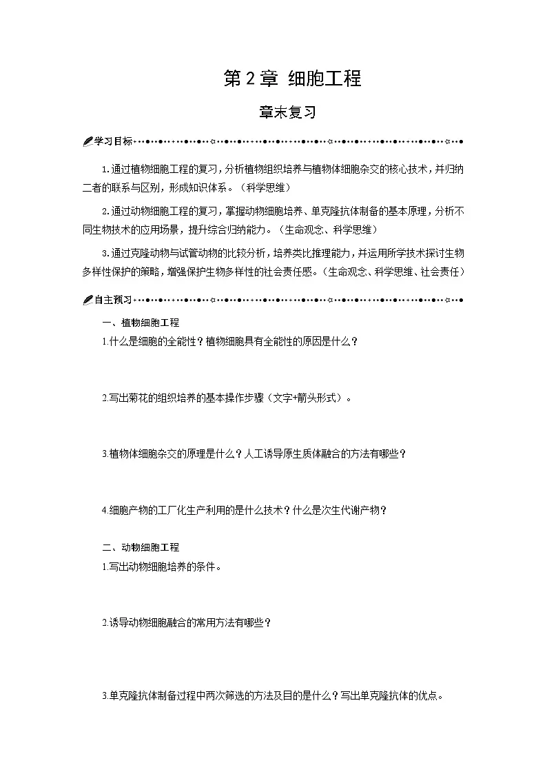 第2章 细胞工程章末复习 学案-2024-2025学年高二下学期生物人教版选择性必修3第1页