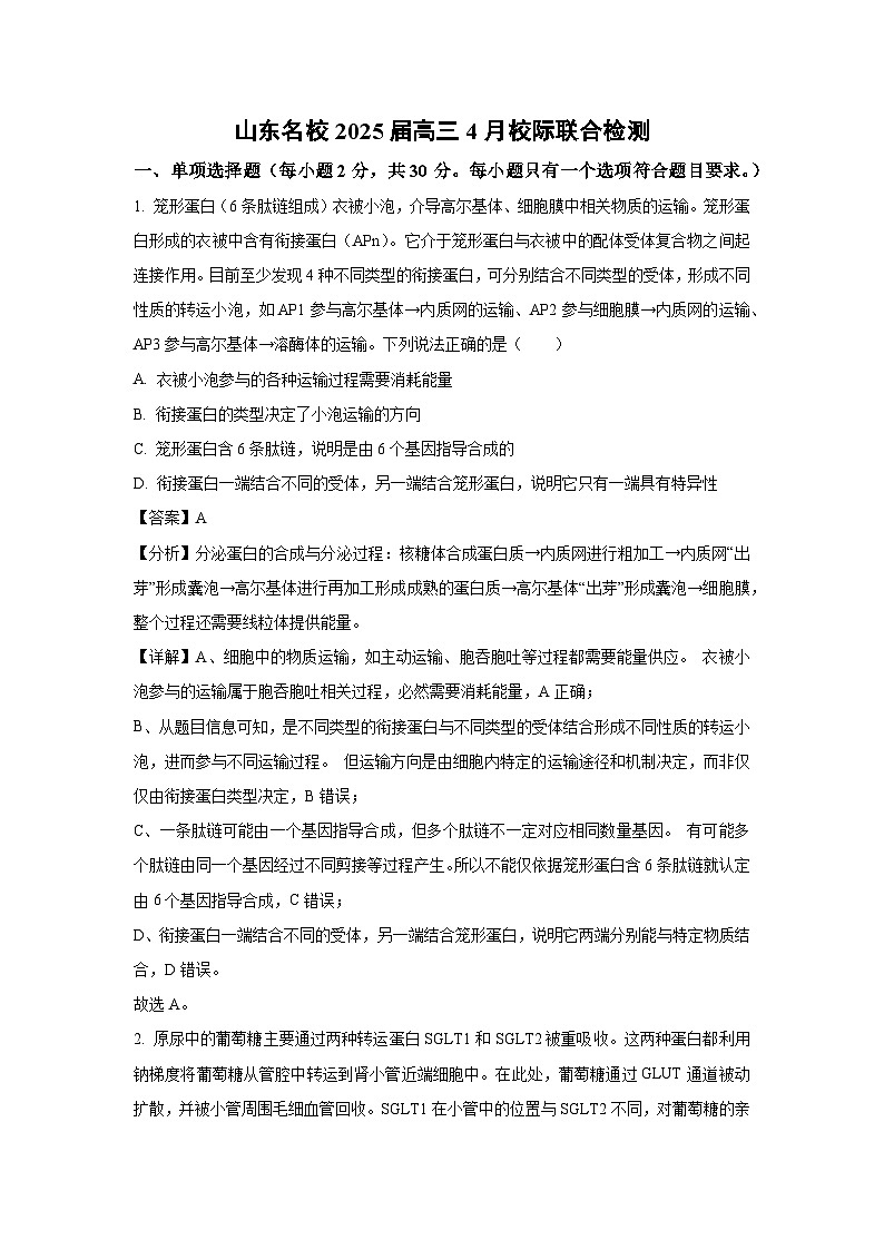 山东名校2025届高三下4月校际联合检测生物试卷（解析版）第1页
