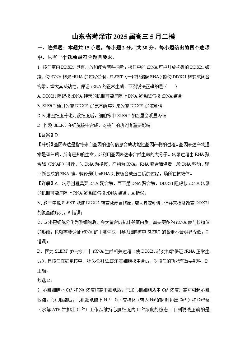 山东省菏泽市2025届高三下5月二模生物试卷（解析版）第1页