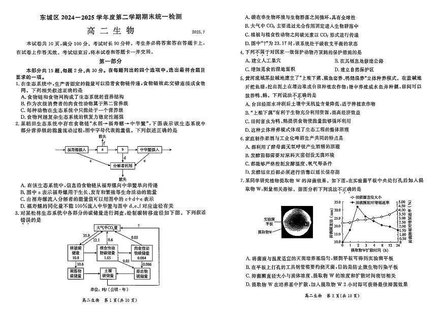 北京市东城区2024-2025学年度高二第二学期期末统一检测生物学试卷（含答案）第1页