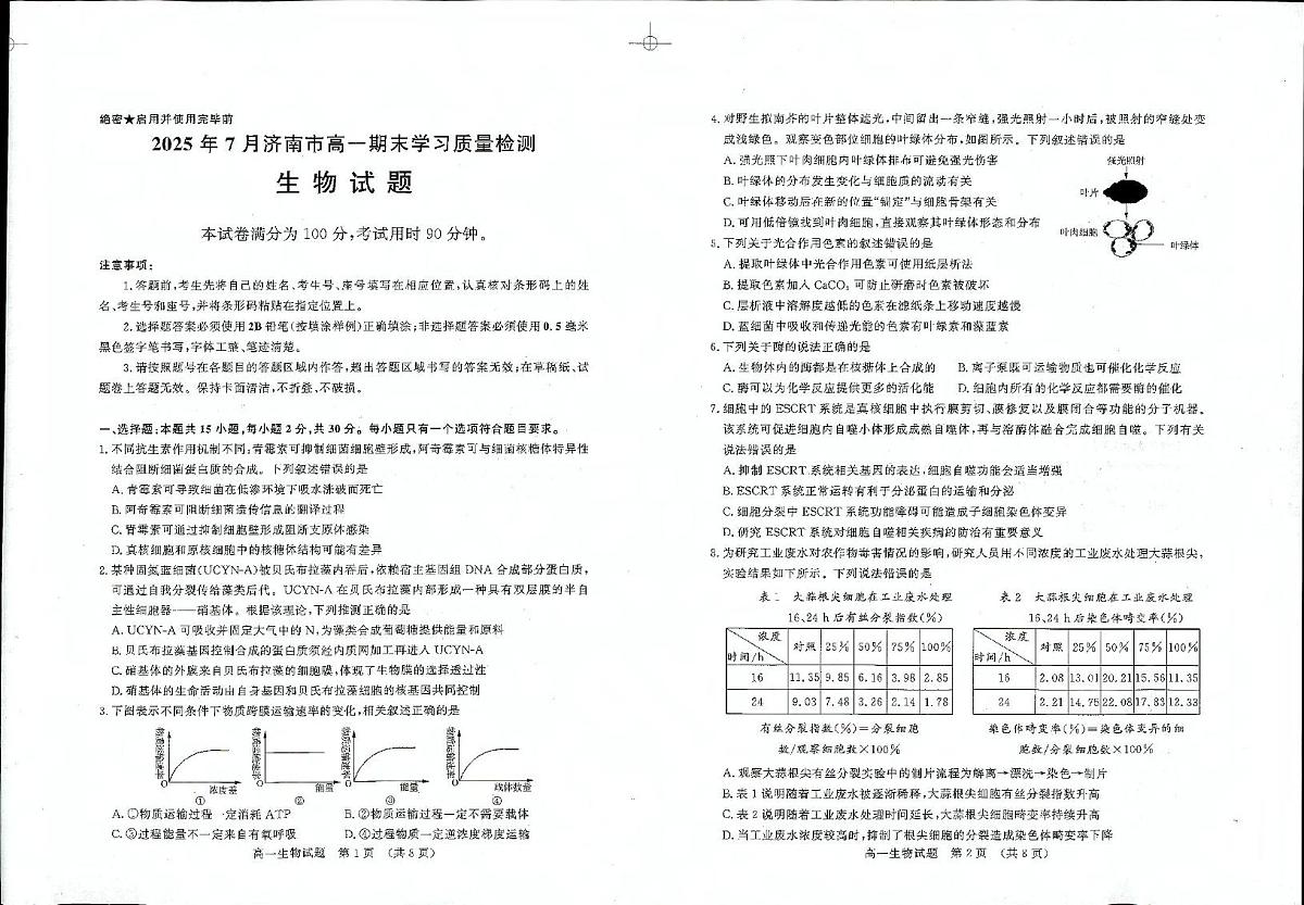 山东省济南市2024-2025学年高一下学期期末考试 生物 PDF版含答案第1页