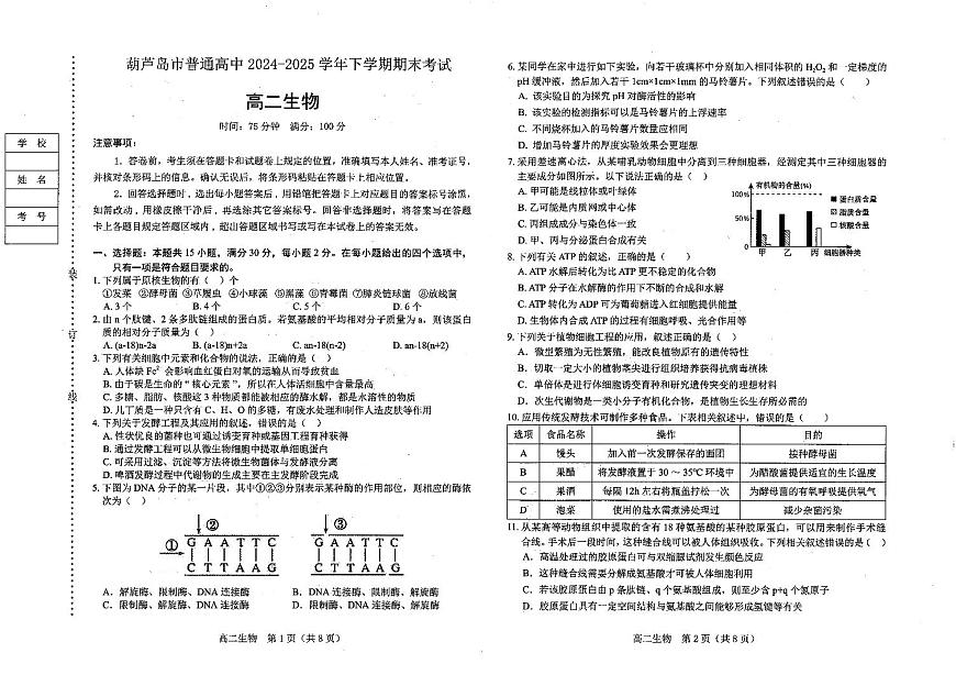 葫芦岛市普通高中2024-2025学年下学期期末考试 生物.pdf第1页