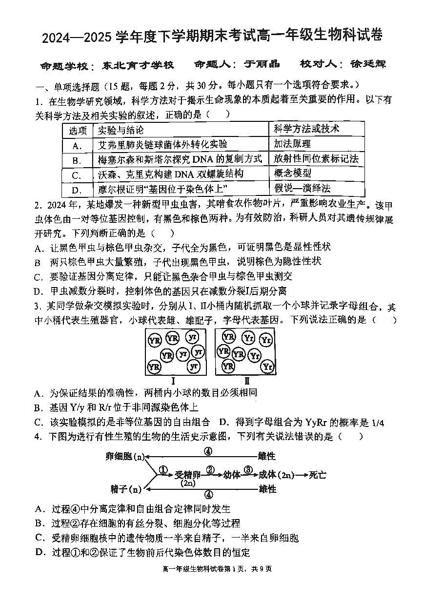 辽宁省五校联考2024-2025学年高一下学期期末考试生物试题（PDF版附答案）第1页