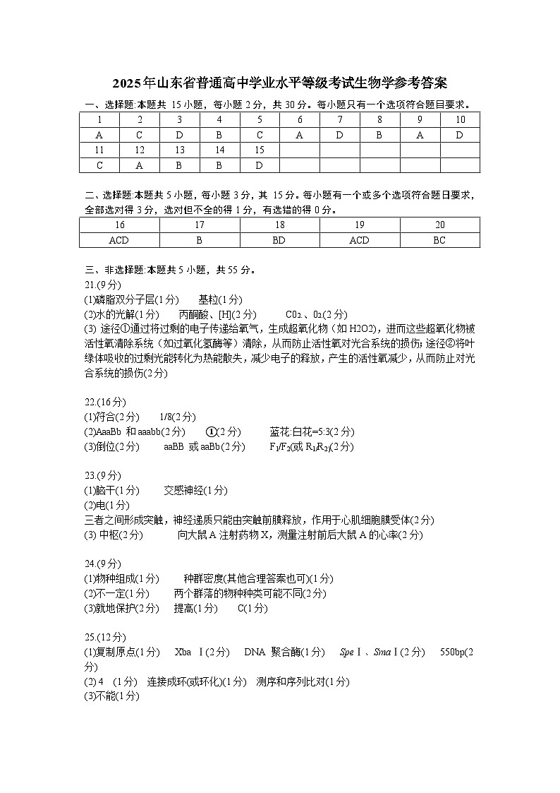 【生物答案 山东版】2025年普通高等学校招生选择性考试第1页
