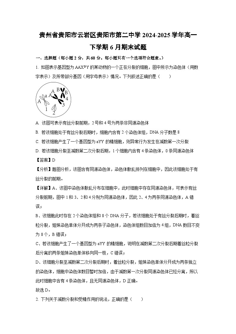 贵州省贵阳市云岩区贵阳市第二中学2024-2025学年高一下学期6月期末生物试卷（解析版）第1页