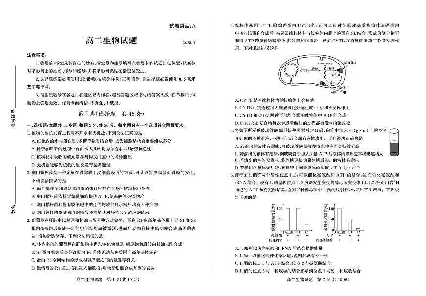 山东省滨州市2025届新高二下学期7月期末考-生物试题+答案第1页