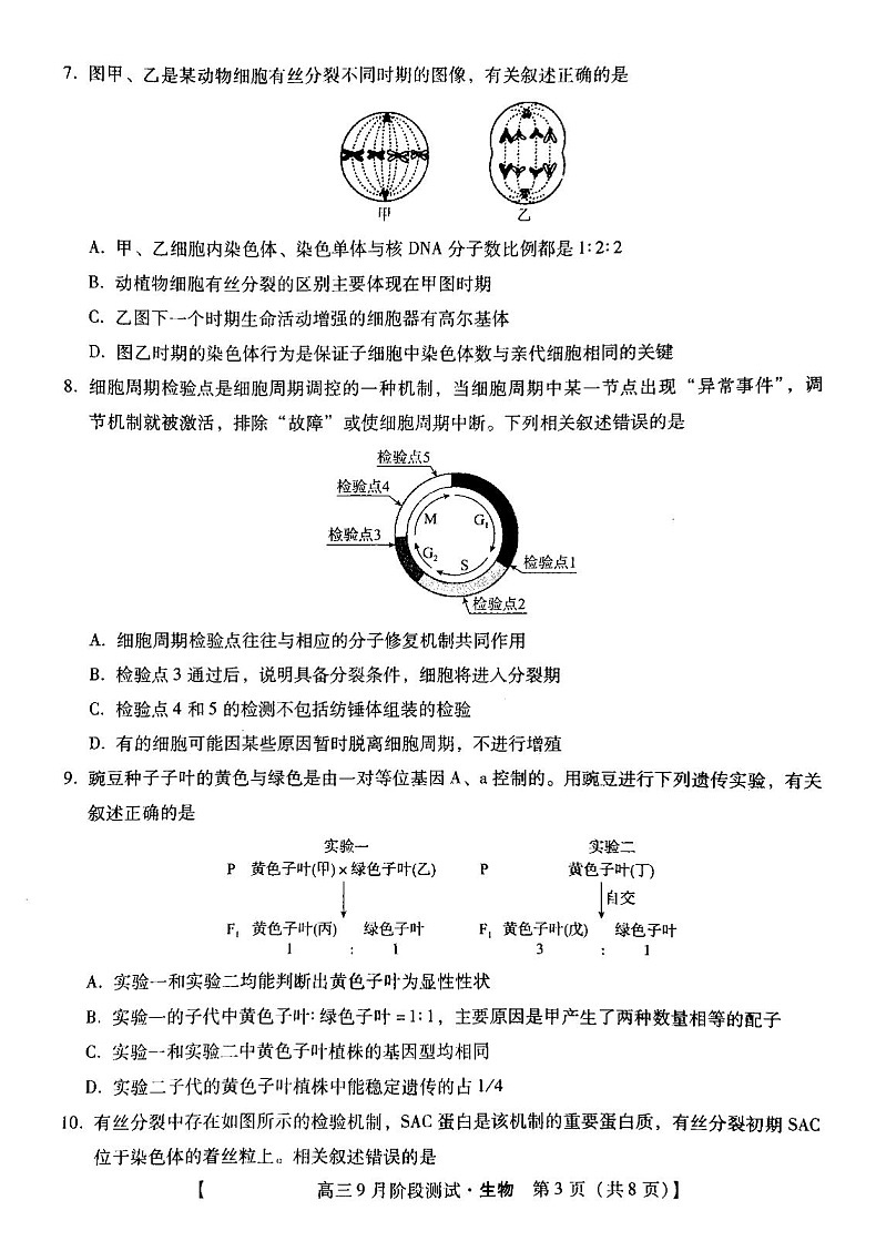 2025届河北省高三下学期9月阶段测试-生物试题（学生版）第3页