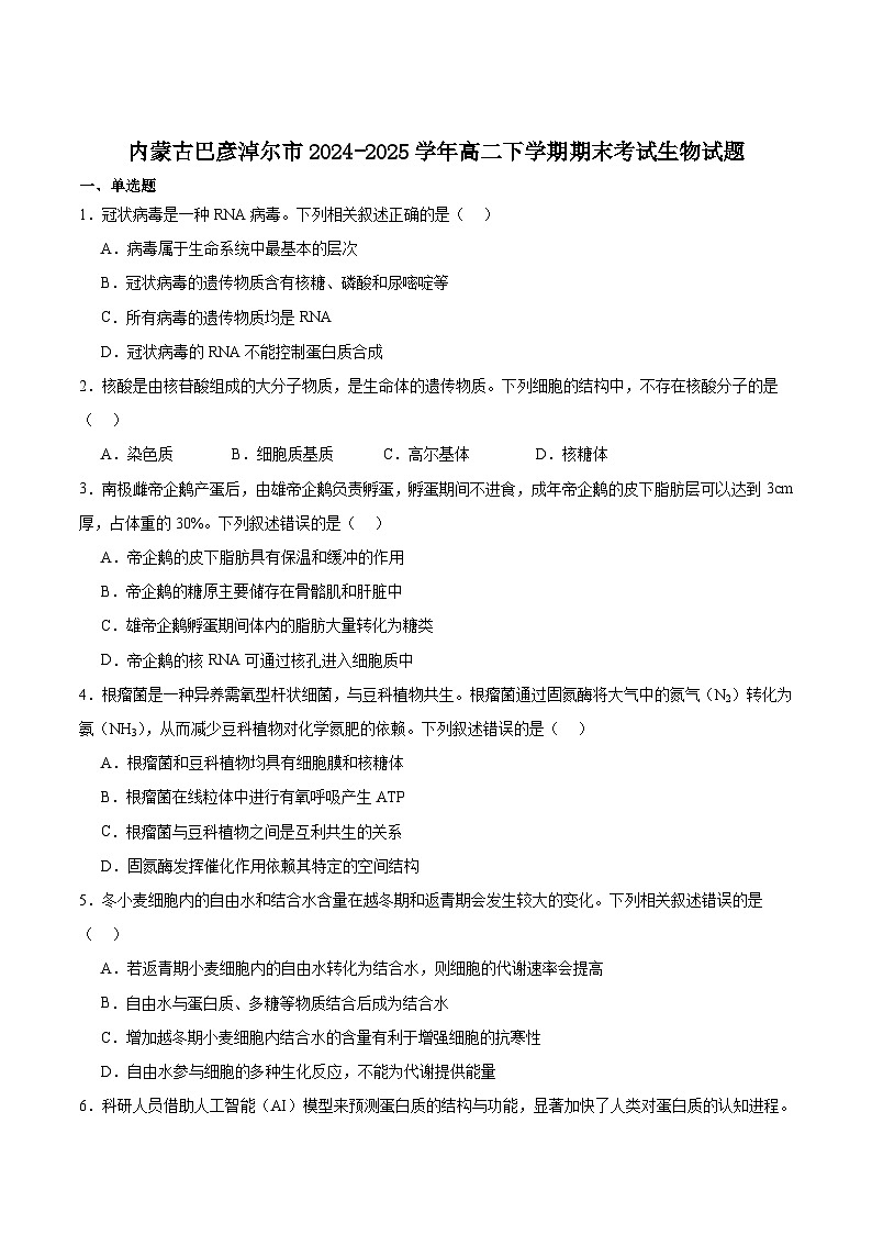 内蒙古巴彦淖尔市2024-2025学年高二下学期期末考试生物试卷（有答案）第1页