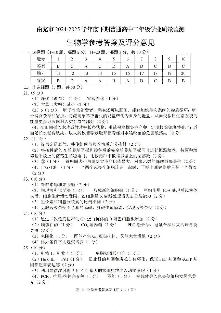 四川省南充市2024-2025学年高二下学期期末学业质量监测生物答案（图片版）(1)第1页