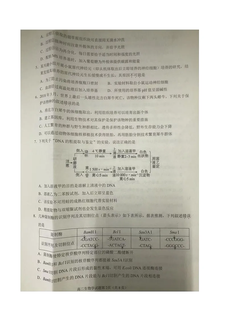 四川省南充市2024-2025学年高二下学期期末学业质量监测生物试卷（图片版）第2页