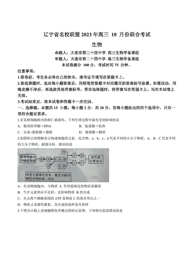 2025届辽宁省名校联盟高三下学期10月联考-生物试题（含答案）第1页