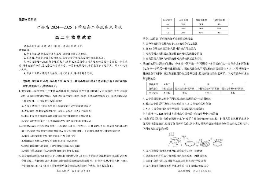 江西省上进联考2024-2025学年高二下学期6月期末生物试卷（含答案）第1页