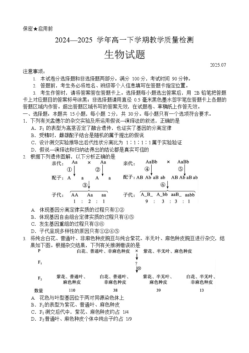山东省菏泽市2024-2025学年高一下学期教学检测（期末）生物学试卷第1页