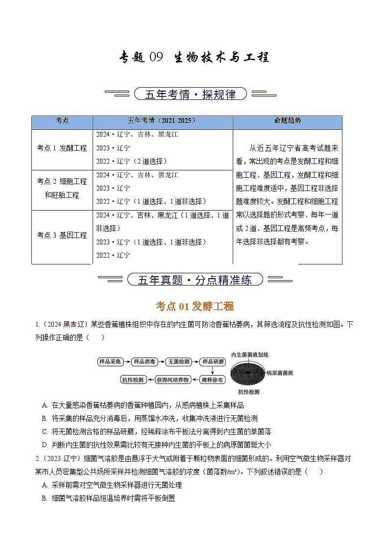 5年（2021-2025）高考1年模拟生物真题分类汇编专题09 生物技术与工程（原卷版）（黑吉辽蒙专用）第1页