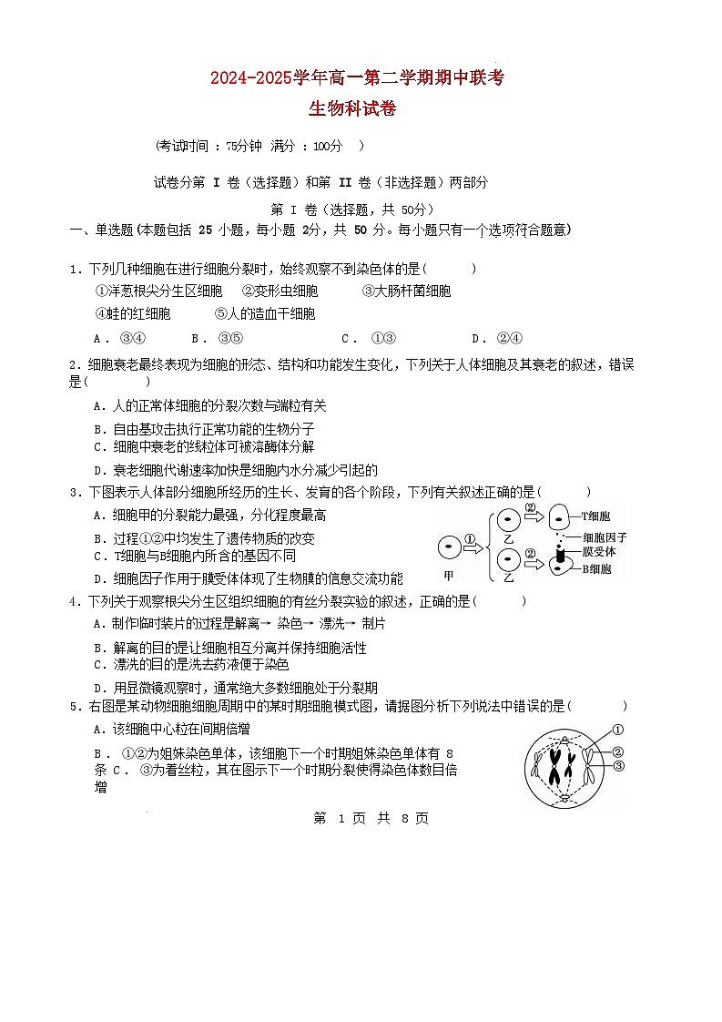 福建省厦门市泉州市2024_2025学年高一生物下学期4月期中测试第1页