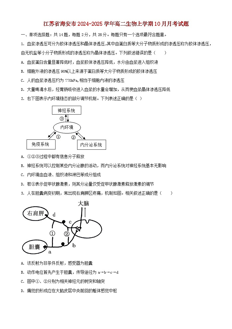 江苏省海安市2024_2025学年高二生物上学期10月月考试题第1页