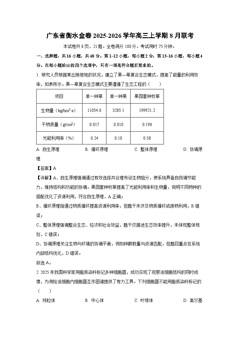 广东省衡水金卷2025-2026学年高三上学期8月联考生物试卷（解析版）第1页