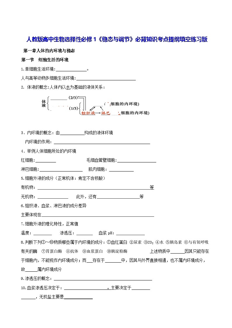 人教版高中生物选择性必修1《稳态与调节》必背知识考点提纲填空练习版（含答案）第1页
