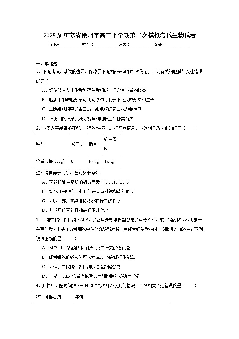 2025届江苏省徐州市高三下学期第二次模拟考试生物试卷（无答案）第1页