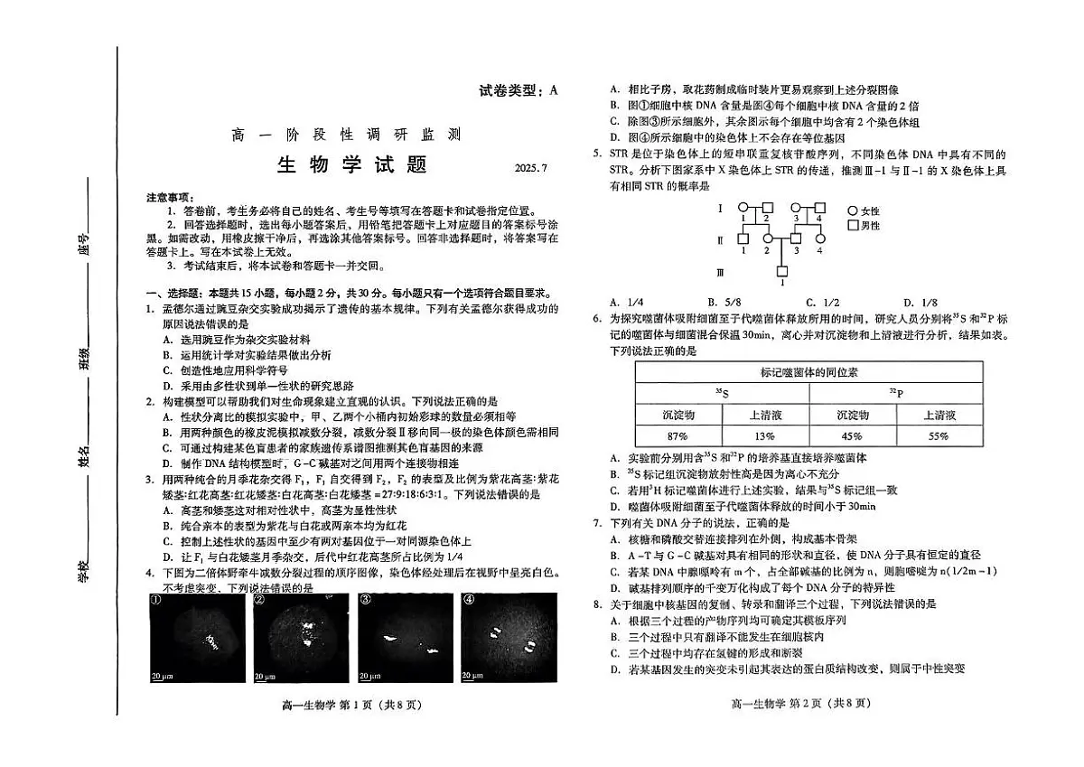 山东省潍坊市2024-2025学年高一下学期期末考试 生物 PDF版含答案第1页