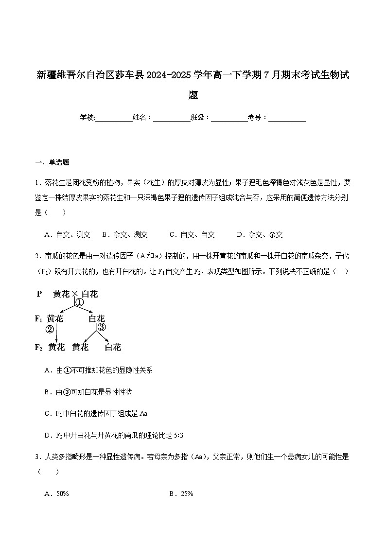新疆维吾尔自治区喀什地区莎车县2024-2025学年高一下学期7月期末考试生物试卷（有答案）第1页