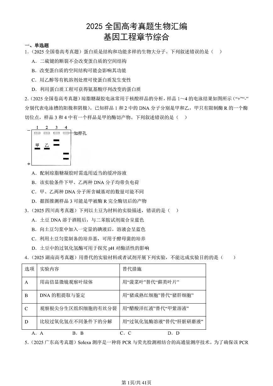 2025全国高考真题生物汇编：基因工程章节综合  有答案解析第1页