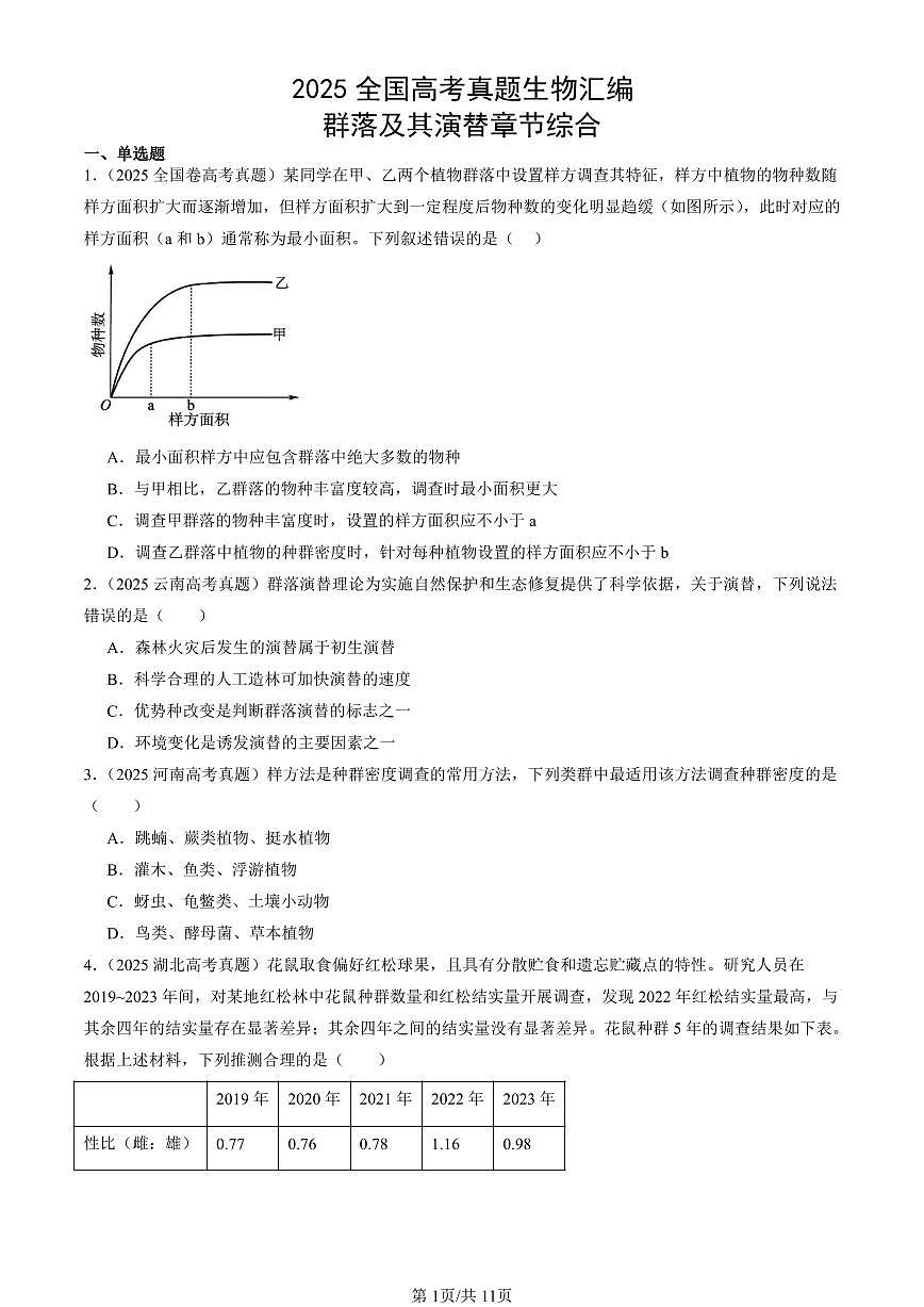 2025全国高考真题生物汇编：群落及其演替章节综合  有答案解析第1页