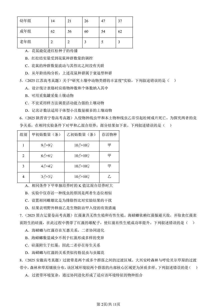 2025全国高考真题生物汇编：群落及其演替章节综合  有答案解析第2页