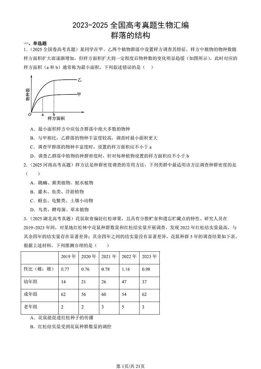 2023-2025全国高考真题生物汇编：群落的结构  有答案解析第1页