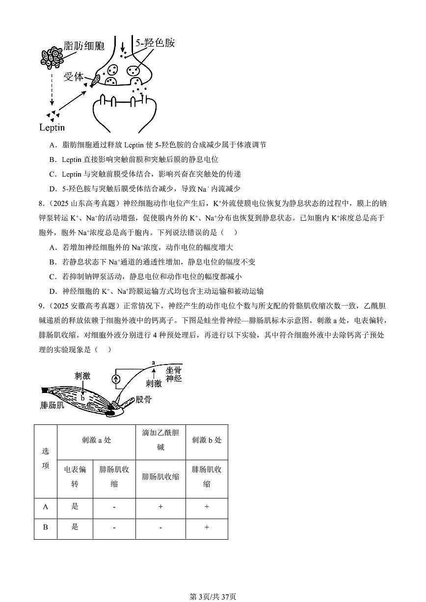 2023-2025全国高考真题生物汇编：神经冲动的产生和传导  有答案解析第3页