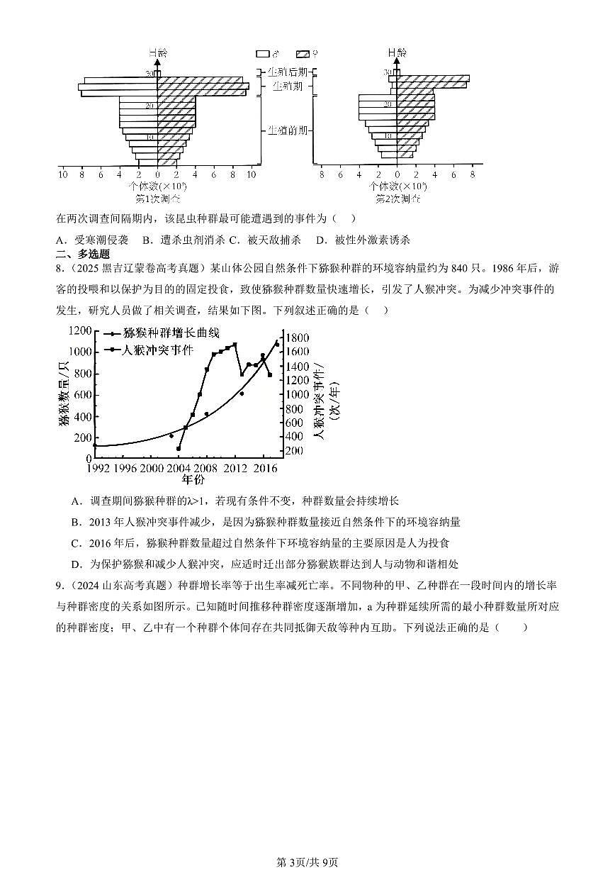 2023-2025全国高考真题生物汇编：影响种群数量变化的因素 有答案解析第3页